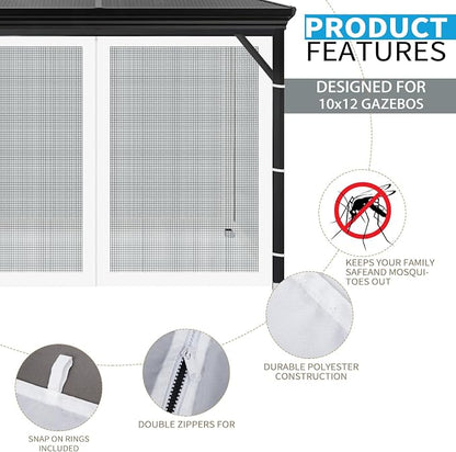 Gazebo Universal Replacement Mosquito Netting, Outdoor Mesh Netting Screen 4-Panel Sidewall with Zipper for Patio, Canopy, Garden and Backyard, Gray(Mosquito Net Only) (White, 10' x 12')