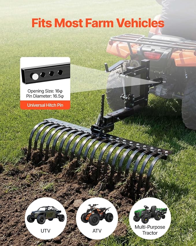 VEVOR 42 in Tow Behind Landscape Rake, 3-Point Lawn Rock Rake with Blade & Lift Lever, Fit Category 1 ATVs UTVs Lawn Tractors, Heavy Duty Dethatcher Rake for Debris Leaves Thatch