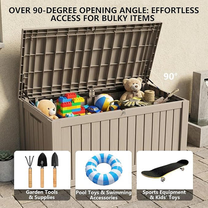 Outdoor Storage Box, 150 Gallon Waterproof Deck Box [Upgraded 3.1], Large Resin Storage with Hydraulic Gas Lifts for Cushions, Heavy Duty Lockable Bench Seat, Backyard Party, Grey