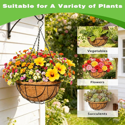 4 Pack 12 Inch Black Metal Hanging Basket Hanging Planter with Coco Coir Liner Heavy Duty Hanging Flower Pot Holder for Indoor Outdoor Patio Garden Porch Balcony Decor (Earth)