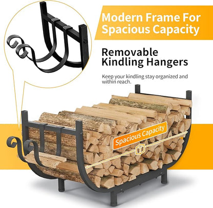 PROWORX Curved Firewood Rack Outdoor Indoor, Black 30 Inch Rustproof Fire Wood Storage Organizer, Metal Fireplace Log Holder with Removable Kindling Hooks