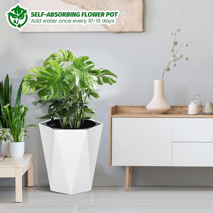 IDEALHOUSE 16" Tall Planters, Self-Watering Planters with Water Level Monitor and Drainage Hole, Large Outdoor Planters for Living Room, Bedroom Office, Patio, Porch, Garden, Set of 2