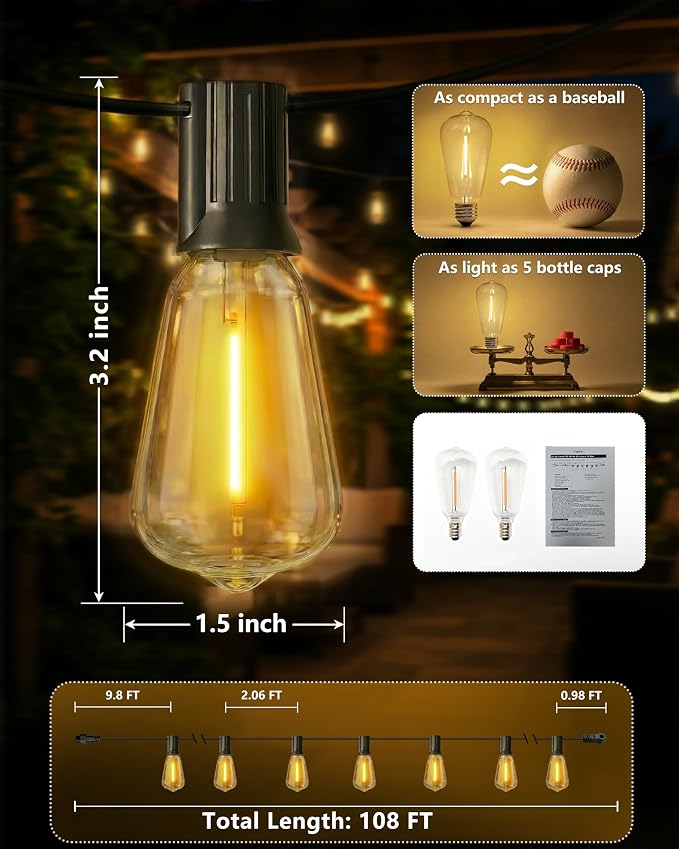 108FT (48+2) Outdoor String Lights Solar Powered, ST38 Dimmable Patio Lights with Remote & USB Charging, Dusk to Dawn, 2700K LED String Solar Light for Backyard, Garden, Porch, Wedding Decor