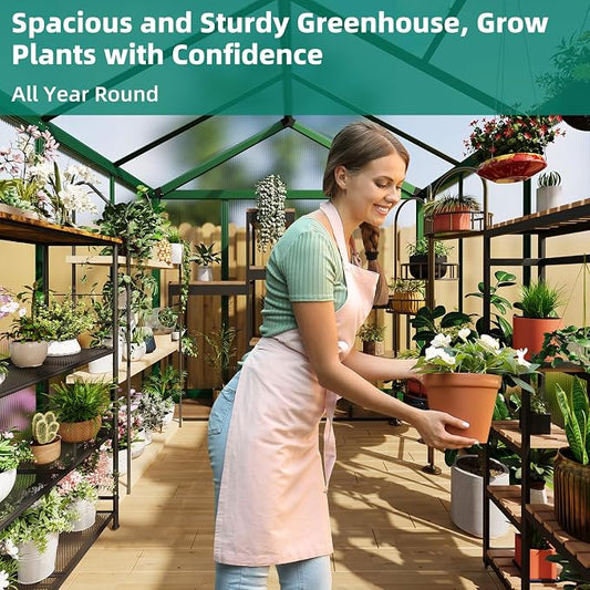 6x8 FT Greenhouse - Large Aluminum Greenhouses for Outdoors | Walk-in Polycarbonate Greenhouse with Roof Vent & Ground Nails, Heavy Duty Green Houses for Garden, Backyard, Patio