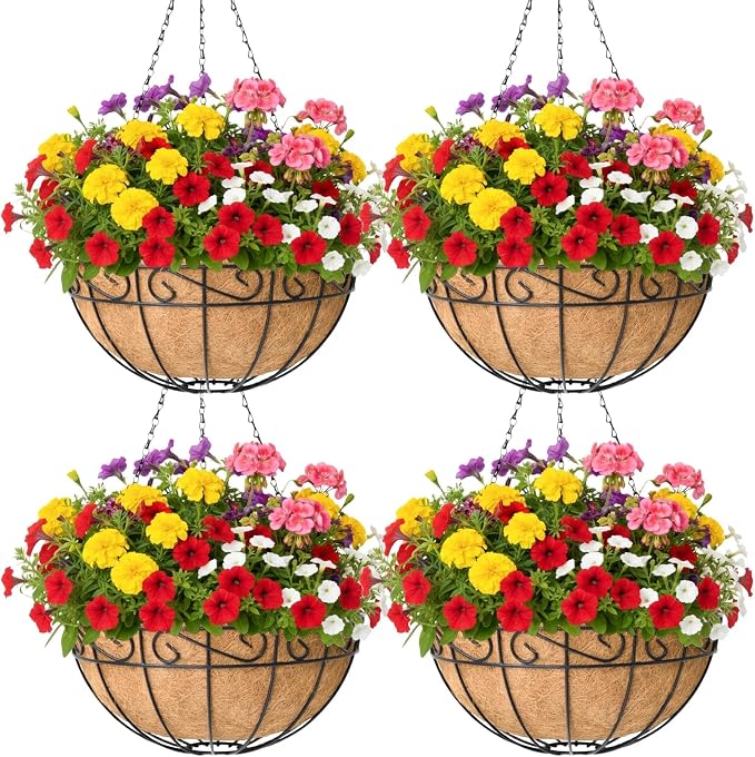 4 Pack 10 Inch Hanging Baskets for Plants Outdoor Metal Hanging Planter Basket with Coco Coir Liner Hanging Flower Baskets Hangings Flower Pots Holder for Garden, Patio(Flower)