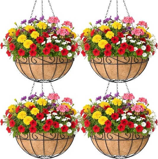 4 Pack 10 Inch Hanging Baskets for Plants Outdoor Metal Hanging Planter Basket with Coco Coir Liner Hanging Flower Baskets Hangings Flower Pots Holder for Garden, Patio(Flower)