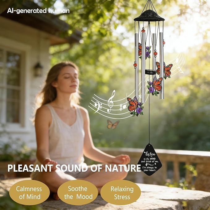 34'' Butterfly Wind Chimes for Outside Memorial Windchime Home Garden Decor | Wind Chimes Outdoor Large,Butterflies Aluminum Tube Windchimes With S hook,Sympathy Gifts for Loss of Loved One,Mom Women