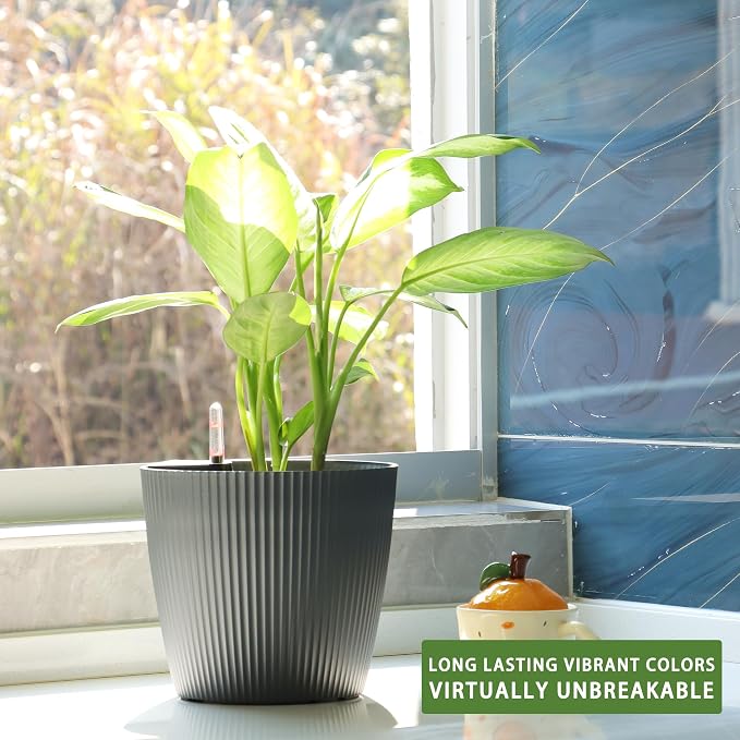 Dexceder 9x8 Self Watering Planters Indoor (2 Pack, Gray) | Inner Mat Design, Table Flower Plant Pot with Water Level Indicator