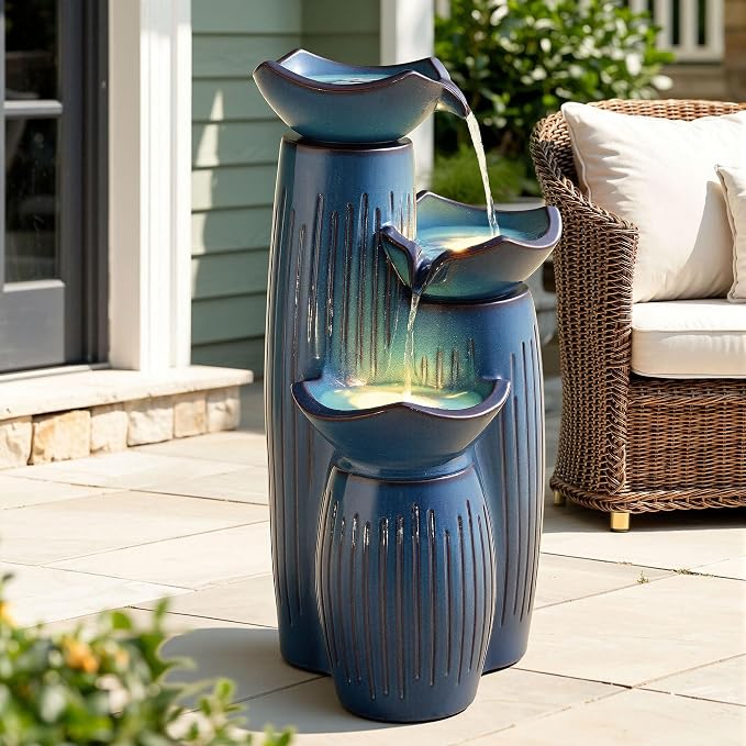 Autodaya 30" 3-Tier Cascading Ceramic Outdoor Water Fountain with LED Light | Pedestal Lotus Bowls Water Feature, Soothing Waterfall for Tranquil Garden, Patio, Yard, Turquoise Vertical Striped Texture