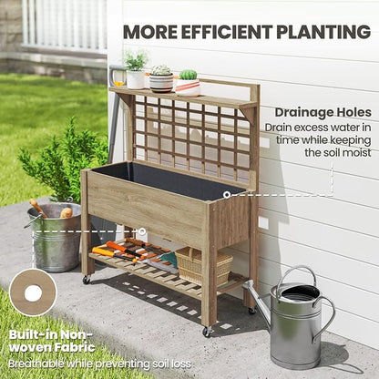 Outsunny 41" Raised Garden Bed with Trellis on Wheels, Wooden Elevated Planter Box with Legs and Bed Liner, for Flowers, Herbs & Vegetables, Dark Brown