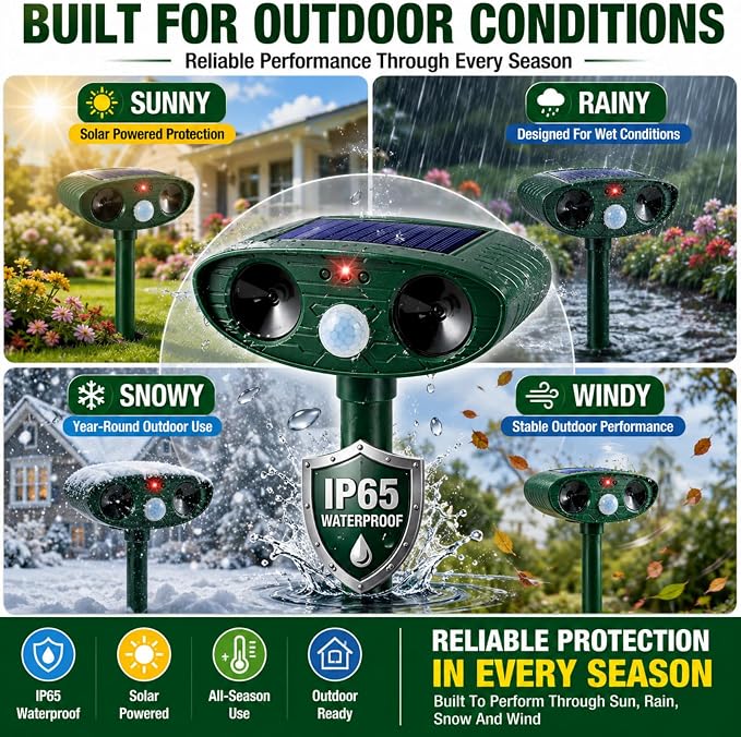 4 Pack Deer Repellent Devices,Cat Repellent Outdoor Solar Ultrasonic Animal Repeller for Squirrel Racoon Rabbit Fox Skunk,IP65 Waterproof Motion Sensor Sonic Fortress Pro Animal Deterrent for Garden