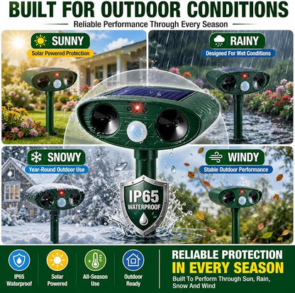 4 Pack Deer Repellent Devices,Cat Repellent Outdoor Solar Ultrasonic Animal Repeller for Squirrel Racoon Rabbit Fox Skunk,IP65 Waterproof Motion Sensor Sonic Fortress Pro Animal Deterrent for Garden