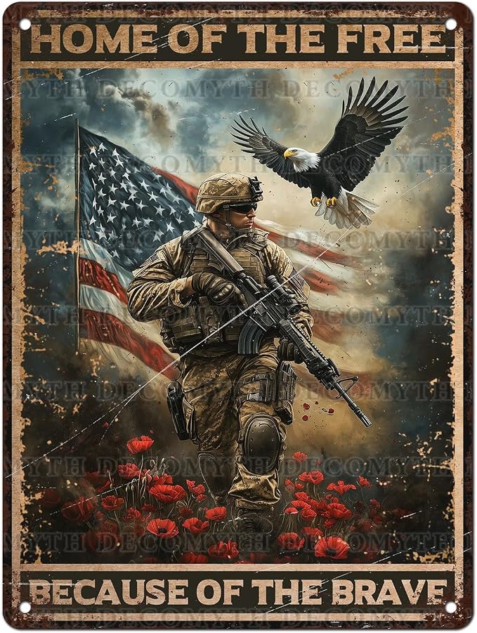 Vintage Army Tin Sign Home of the Free Because of the Brave Retro Wall Decor Nostalgic Art Funny Rustic Metal Poster Garage Store Cafe Happy Veterans Day Pubs Yard Toilet Bedroom 12 * 16inch