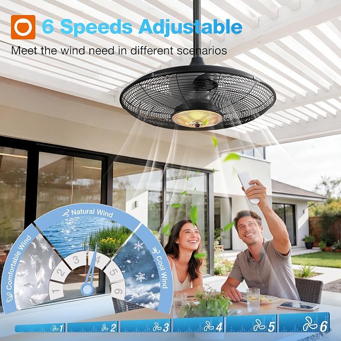 addlon Outdoor Ceiling Fan with Light for Patios, 20" IP65 Waterproof Gazebo Fan Remote&APP Control, 6 Speeds, 3CCT Dimmable, Plug in Ceiling Fan with Hook Hanging Caged Fan for Pergola Porch Canopy