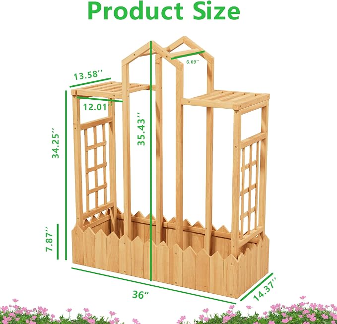 Raised Garden Bed with Arch Trellis, Wood Planter Box with Hanging Roof & Side Trellis, Above Ground Elevated Garden Bed for Outdoor Climbing Plants, Vines, Patio, Balcony