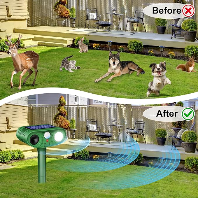 Ultrasonic Deer Repellent Devices Solar Animal Repellent Outdoor with Motion Sensor to Keep Cat Rabbit Raccoon Out of Yard Garden Farm Squirrel Fortress Pro Deer Deterrent for Plant,4Pack