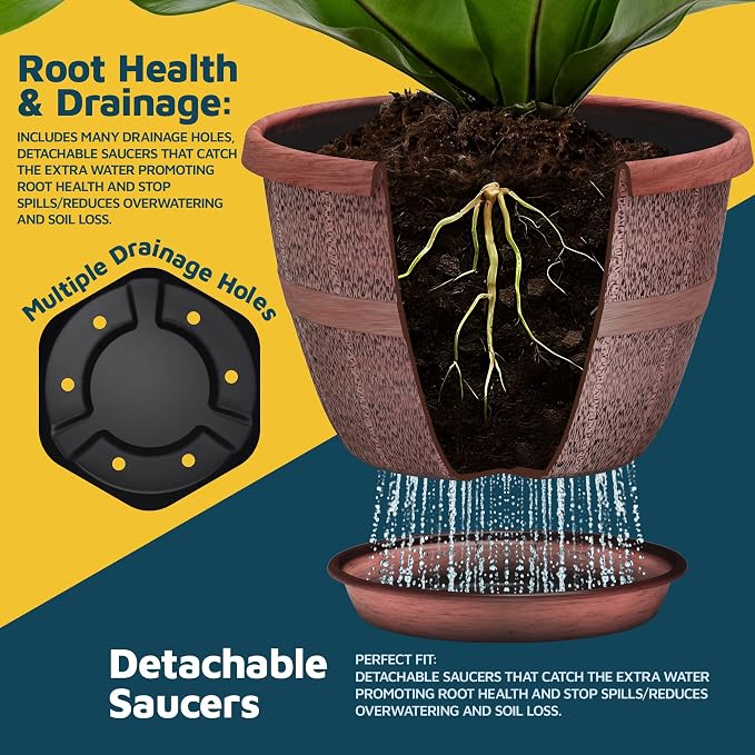 10-Inch Whiskey Barrel Planters Outdoor Pack of 20 - Durable Plastic Plant Pots for Indoor & Outdoor Use with Drainage & Saucer, Lightweight Rustic Barrel Planters for Flowers, Herbs & Small Plants
