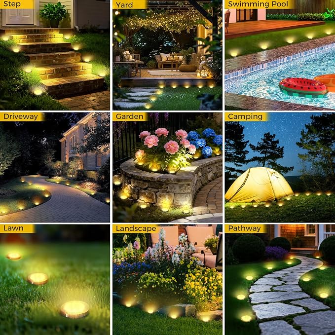 20 Pack Solar Ground Lights Outdoor, 8 LED Mini Flat Solar Disc Lights, IP65 Waterproof Pathway Lights Solar Powered, Landscape Lighting for Garden Walkway Driveway Yard Lawn,Warm White