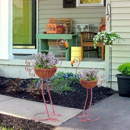 COOZZYHOUR Metal Flamingo Planter with Basket -Garden Bird Planters for Outdoor Indoor Lawn,Yard,Porch,Patio, Garden Decorations（Set of 2）