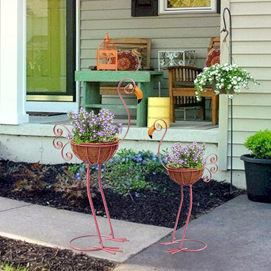COOZZYHOUR Metal Flamingo Planter with Basket -Garden Bird Planters for Outdoor Indoor Lawn,Yard,Porch,Patio, Garden Decorations（Set of 2）