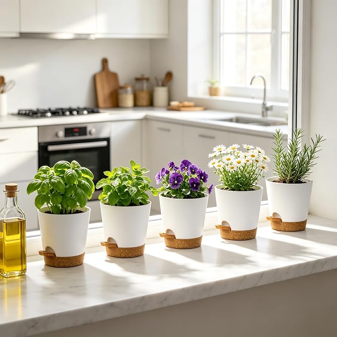 5 Pack 5 Inch African Violet Pots Self Watering, Self-Watering Planters with Drainage Holes & Reservoir, White Brown Plastic Pots for Indoor Outdoor Plants, Succulents & Flowers