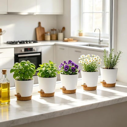 5 Pack 5 Inch African Violet Pots Self Watering, Self-Watering Planters with Drainage Holes & Reservoir, White Brown Plastic Pots for Indoor Outdoor Plants, Succulents & Flowers