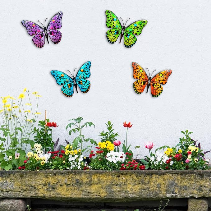 4 Pack Metal Butterfly Wall Decor Yard Art, 9.6" 3D Butterflies Outdoor Fence Decor Hanging Decorations for Garden Patio Balcony Front Porch Living Room Home Vibrant Colored Bohemian Geometric
