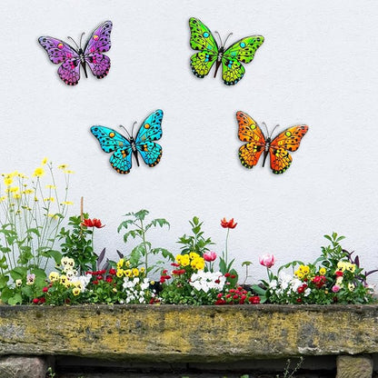 4 Pack Metal Butterfly Wall Decor Yard Art, 9.6" 3D Butterflies Outdoor Fence Decor Hanging Decorations for Garden Patio Balcony Front Porch Living Room Home Vibrant Colored Bohemian Geometric