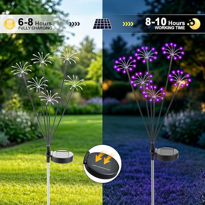 Solar Garden Lights Outdoor, 2 Pack New Upgraded Solar Swaying Starburst Light, Waterproof Fireworks Solar Lights, Yard Patio Pathway Decoration, Purple
