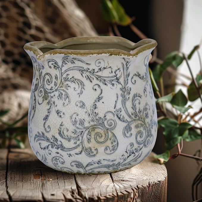 Dosayes Rustic Ceramic Planter, 6 Inch Tuscan Vintage Flower Pot with Drainage, Farmhouse Garden Pot for Indoor Plants, Kitchen & Garden Tuscan Decor, Plant Lover Gift (Grey)