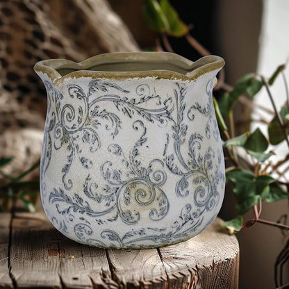 Dosayes Rustic Ceramic Planter, 6 Inch Tuscan Vintage Flower Pot with Drainage, Farmhouse Garden Pot for Indoor Plants, Kitchen & Garden Tuscan Decor, Plant Lover Gift (Grey)