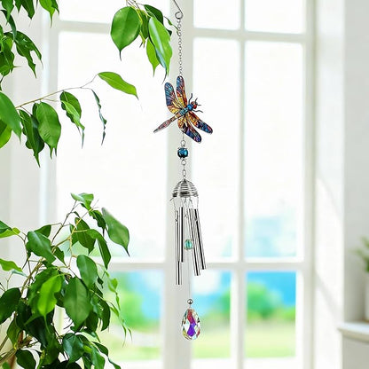 YU FENG Dragonfly Wind Chime with Crystal Suncatcher, Memorial Garden Decor | 21 Inch Colorful Metal Chime, Dragonfly Design, Lucky Remembrance Gift, Outdoor Patio Yard Hanging Ornament