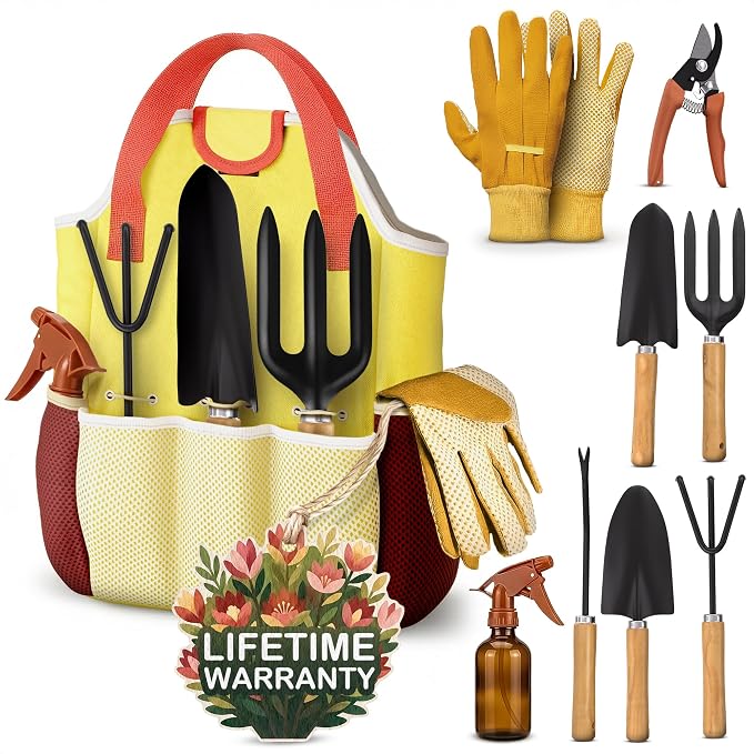 10 Pcs Gardening Tool Set for Women, Rust-Resistant Steel, Tote Bag | Garden Tools Set for Plant Care, Digging, Planting & Potting; Ergonomic Handles, Gloves & Spray Bottle; Gift for Plant Lovers