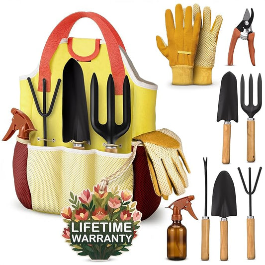 10 Pcs Gardening Tool Set for Women, Rust-Resistant Steel, Tote Bag | Garden Tools Set for Plant Care, Digging, Planting & Potting; Ergonomic Handles, Gloves & Spray Bottle; Gift for Plant Lovers