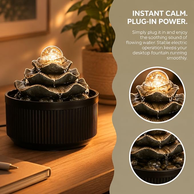 Indoor Tabletop Water Fountain - 3-Tier Lotus Leaf Design Waterfall with Warm Glowing LED & Rotating Ball, Zen Home Decor for Living Room Bedroom, Unique Housewarming Gift Idea