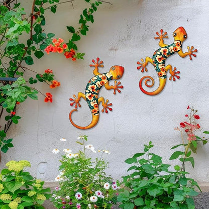 Metal Gecko Outdoor Decor -2 Pack 11.8 inch Metal Lizard Wall Art Hanging Sculpture Decoration for Indoor or Outdoor, Garden Yard Fence Porch Wall Decor