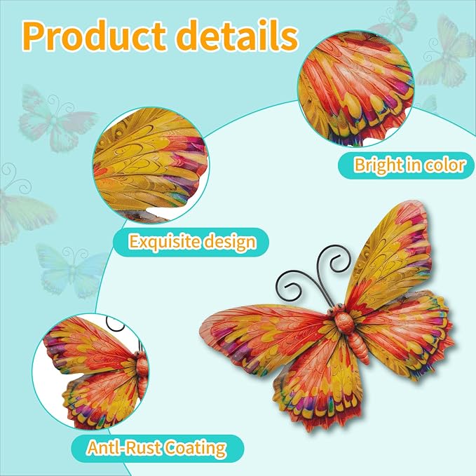 Junware 4 Pcs Metal Butterfly Wall Art Decor - 7.5" Outdoor Fence Wall Sculpture Decor, Hanging Decoration for Garden Yard Living Room Bedroom Patio Balcony, Nice Gift for Mom Friend