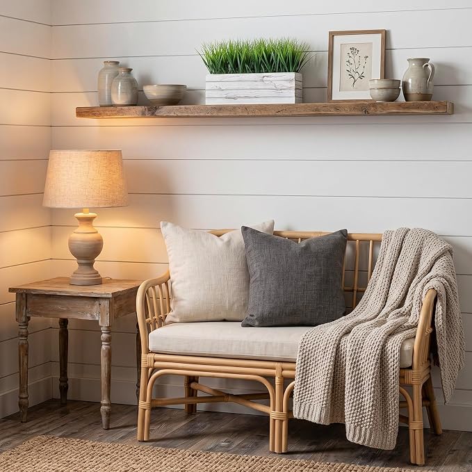 MyGift 14 Inch Artificial Green Grass Plant in Shabby White Washed Wood Planter Window Box - Faux Greenery in Rectangular Crate Style Wooden Container