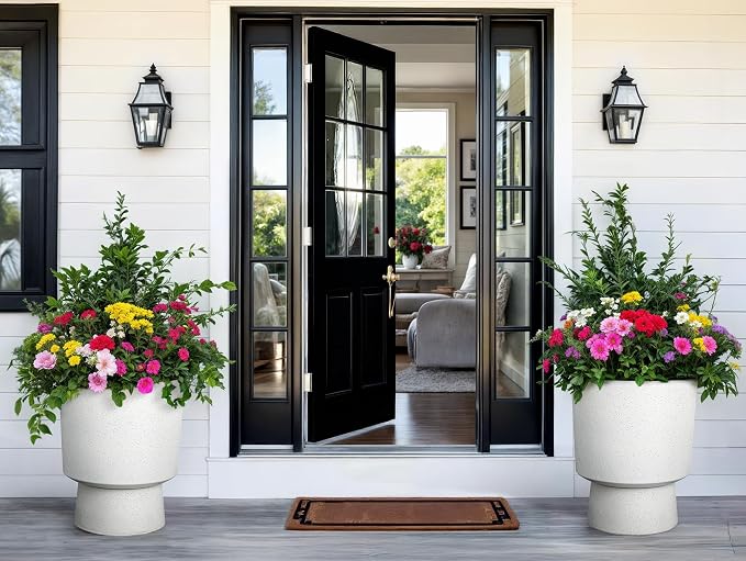 Autodaya 16.75" White Terrazzo Urn-Style Pedestal Planters Set of 2 | Modern 2-In-1 Pots with UV Protection for Indoor and Outdoor Plants, Garden, Patio, Balcony, or Entryway Decor