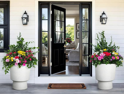 2-Pack 16.75" White Terrazzo Urn Planters with Detachable Bases | Set of 2 PP urn planters with white terrazzo finish, detachable bases, drainage plugs, and UV-treated surface for porch