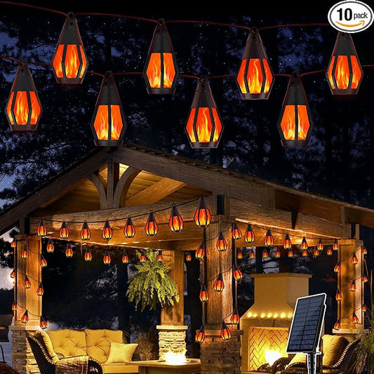 Solar String Lights for Outside, 21Ft Solar Gazebo Lights with 10 Flickering Flame Light Bulbs, Waterproof Red Solar Powered Outdoor Light for Garden Blackyard Patio porch Bistro Cafe Halloween Decor