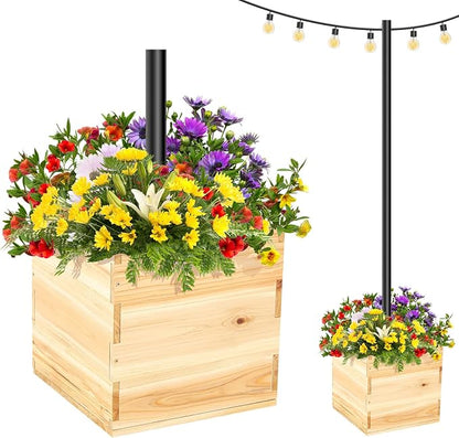 Wonderjune Large Decorative Wooden Planter 15.7" x 15.7" x 15.3" Umbrella Planter Solid Wood Garden Patio Box with Universal Rod Adapter Support for String Light Poles, Umbrellas (Without Pole)