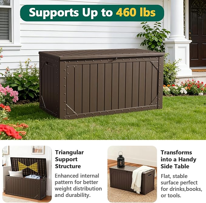 Outdoor Storage Box, 98 Gallon Deck Box, Outdoor Storage Bench, Waterproof Resin Storage Bench with Lockable Lid, Patio Furniture Cushions & Garden Tools Storage, UV Resistant (Brown)