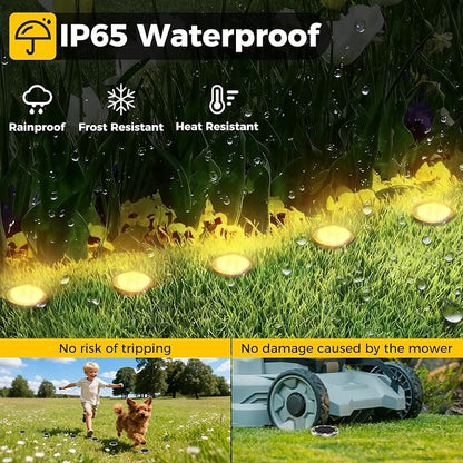 6 Pack Solar Ground Lights Outdoor, 8 LED Mini Flat Solar Disc Lights, IP65 Waterproof Pathway Lights Solar Powered, Landscape Lighting for Garden Walkway Driveway Yard Lawn,Warm White