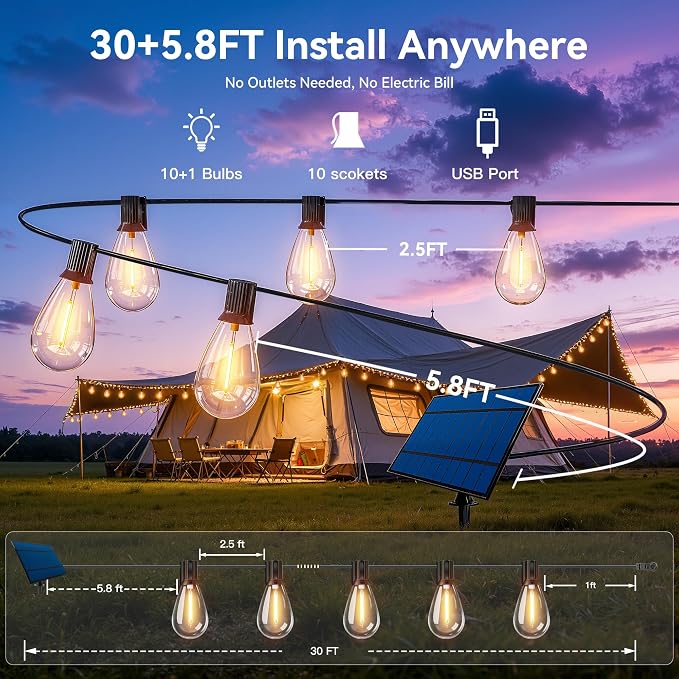 Ollny S11 30FT Solar String Lights Outdoor with Remote, Waterproof Dimmable Patio Lights with Timer & 3 Lighting Modes, 10 Shatterproof Edison Bulbs, String Lights for Outside Backyard Party Décor