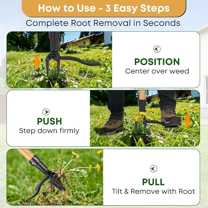 Stand Up Weed Puller Tool, Long Handle Weeder & Hand Weeder Fork Set - 46" No-Bend Deep Root Remover for Lawn, Garden & Yard, Seniors & Bad Back Friendly, Fits 5'2"-6'2", Bamboo Handle