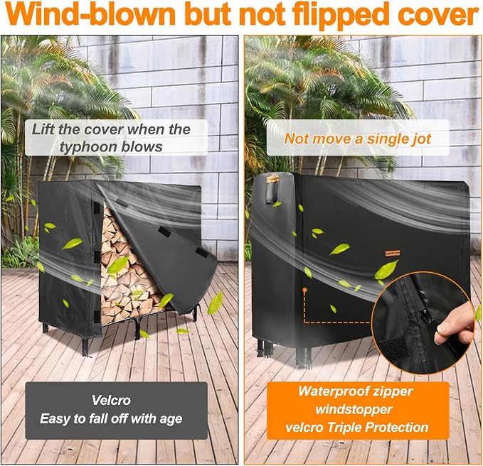 DOCEPERT 8 FT Outdoor Firewood Rack Cover (Log Rack not Included) - Waterproof Zippered Firewood Storage Cover with Openable Front Flap, 420D Oxford Fabric, Fits 96"X24"X49" Wood Racks, Black
