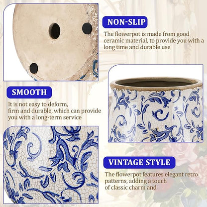 Ceramic Scroll Planter 6.5 Inch Chinoiserie Floral Vase with Drainage Holes Vintage Flower Vase Flower Pot Rustic Ceramic Pots for Indoor Plants Garden Home Bookshelf Decor(Blue Floral)