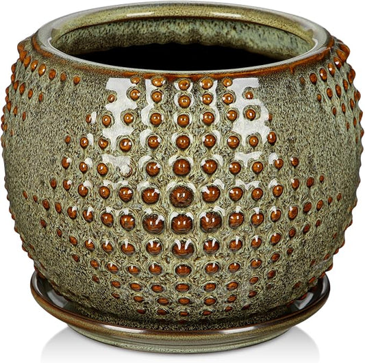 Oairse Ceramic Pot for Indoor Plants, 7 inch Plant Pot with Drainage Hole and Saucer Decorative Brown Planter with Saucer Indoor Outdoor Flower Pots for Succulent Snake Plant Pothos Orchid