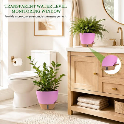 Self Watering Pots for Inoor Ourdoor Plants 10/9/8/7/6.5 Inch Plastic Planters with Drainage Holes & Water Level Indicator, Decorative House Flower Nursery Planting Pots with Saucers (Dusty Lavender)